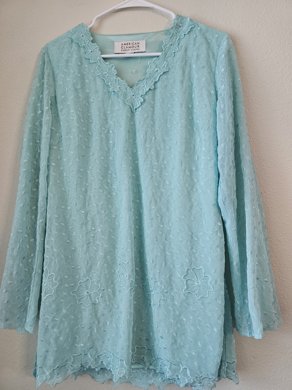 Badgley Mischka Light Aqua Embroidered V-Neck Blouse